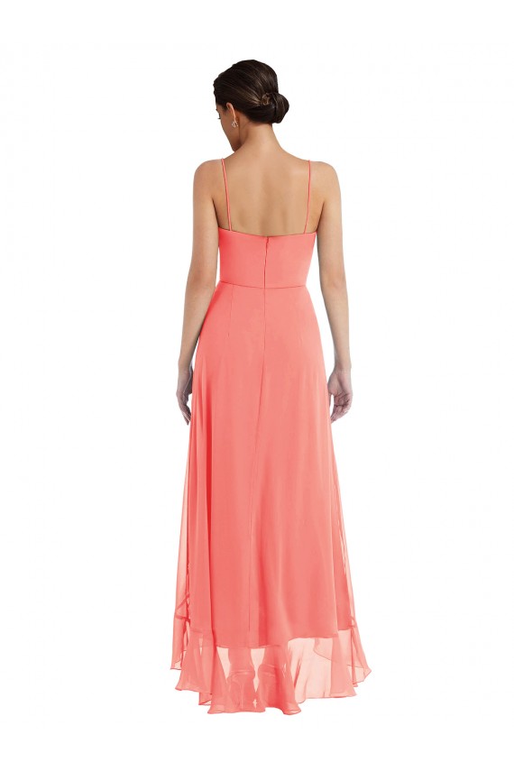 Affordable Scoop Neck Ruffle Trimmed High Low Maxi Bridesmaid Dress UK