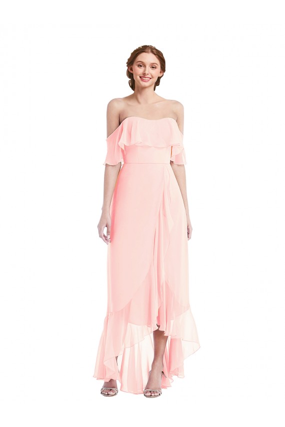 Affordable Off the Shoulder Ruffled High Low Maxi Bridesmaid Dress UK