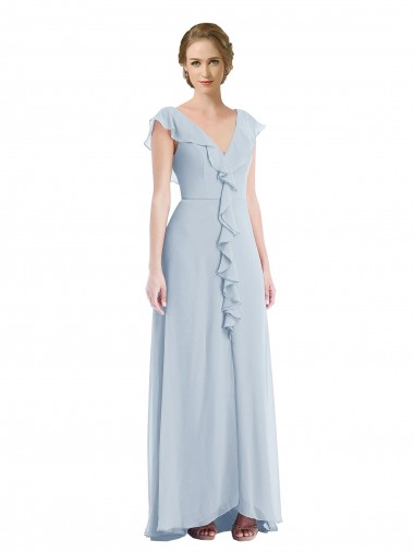 Affordable Ruffle Trimmed V Back Chiffon Maxi Bridesmaid Dress UK