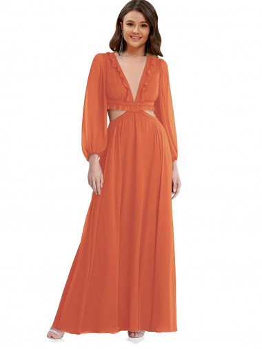 Affordable High Low Ruffled Long Chiffon Cutout Bishop Sleeves Maxi Bridesmaid Dress UK