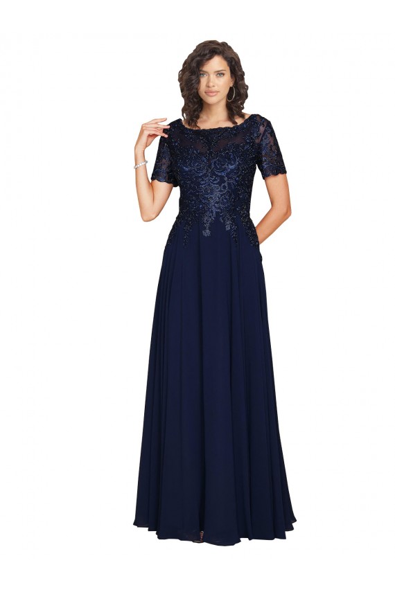 Affordable Short Sleeves A-Line Long Chiffon Bridesmaid Dress with Beaded Bodice UK
