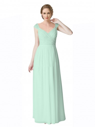 Affordable Long Chiffon Bridesmaid Dress with Corded Lace V-Neck Bodice UK