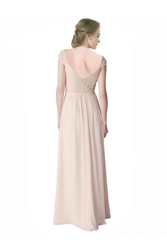 Affordable Long Chiffon Bridesmaid Dress with Corded Lace V-Neck Bodice UK