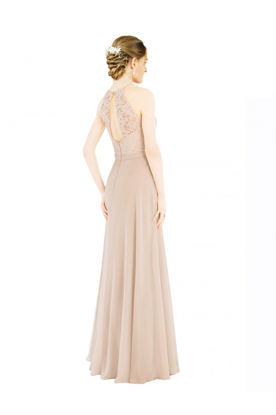 Affordable High Halter Neck Illusion Lace Bridesmaid Dress with Chiffon Skirt and Keyhole Back UK