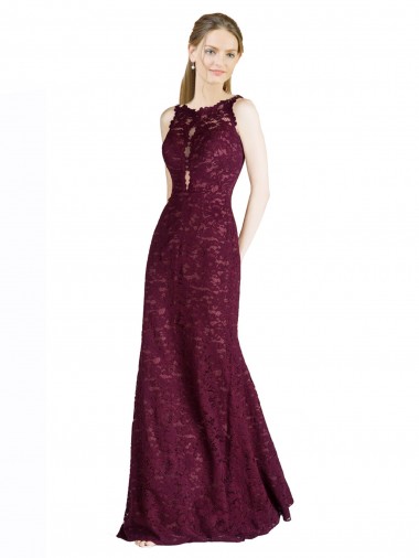 Affordable Long Lace Bridesmaid Dress with Peekaboo Bodice and Keyhole Back UK