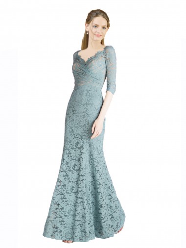 Affordable Half Sleeves Pleated Lace Bridesmaid Dress with Wrap-Around Portrait Neckline UK