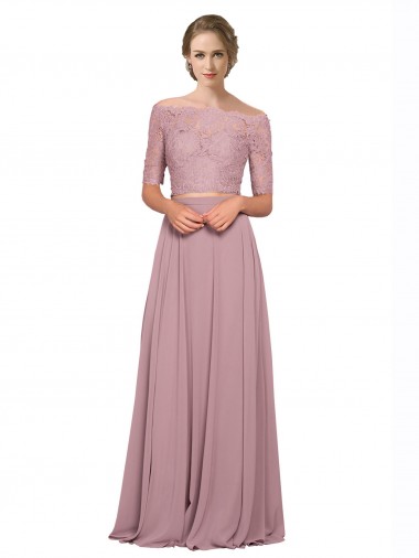 Affordable Off the Shoulder Lace Crop Top A-Line Chiffon Bridesmaid Dress UK