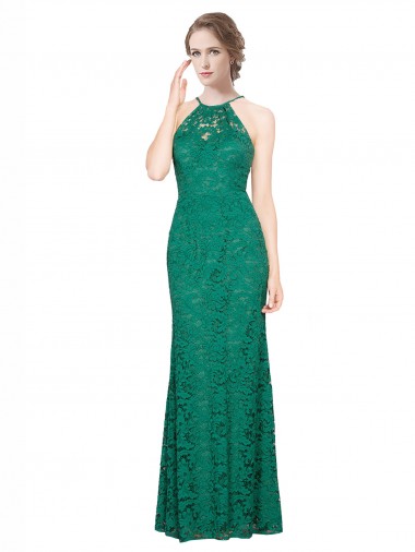 Affordable High Illusion Halter Neck Long Lace Bridesmaid Dress UK