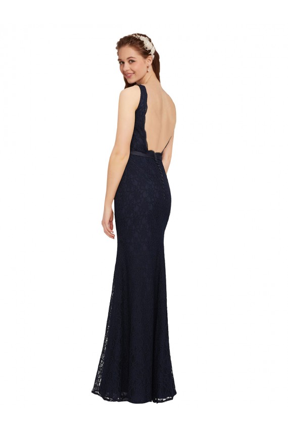Affordable Lace Bridesmaid Dress with Satin Waistband and Open Back UK