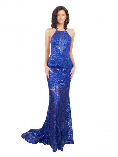 Affordable High Neck Long Open Back Lace Bridesmaid Dress with Train UK
