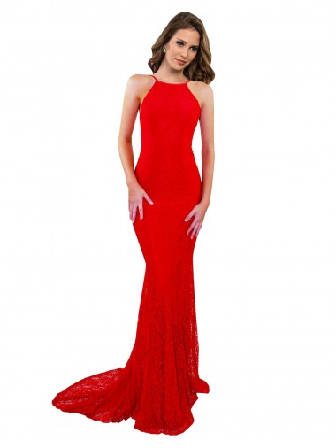 Affordable High Neck Long Lace Bridesmaid Dress with Open Back Straps UK
