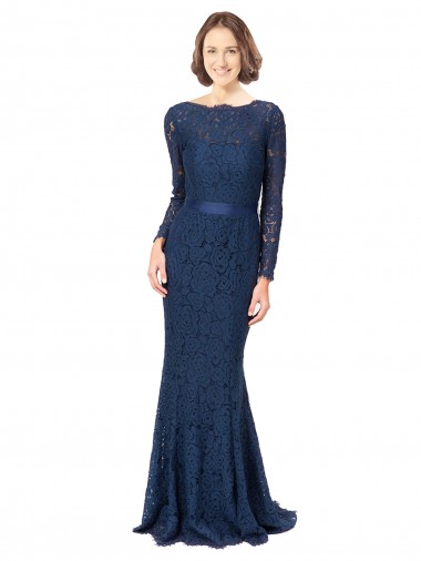 Affordable Long Sleeves Floor Length Vintage Lace Bridesmaid Dress with Deep V-Back UK