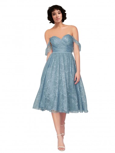 Affordable Off the Shoulder Sweetheart Chantilly Lace Midi Length Bridesmaid Dress UK