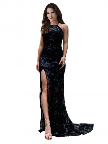 Affordable High Neckline Lace Open Back Bridesmaid Dress with High Slit UK