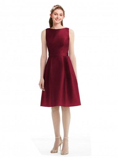 Affordable Short Midi Length Satin Bridesmaid Dress with Bateau Neckline and V-Back UK