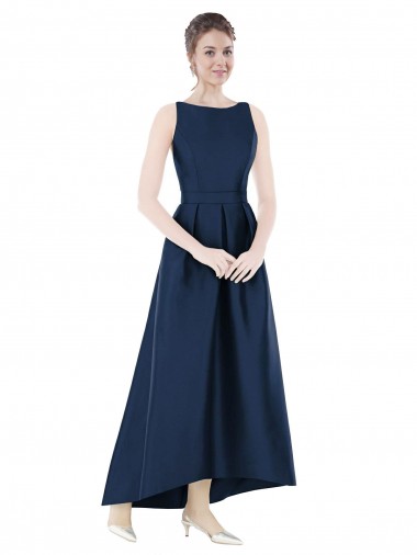 Affordable Full Length Sleeveless Long Satin Bridesmaid Dress with High Low Hem Detail UK