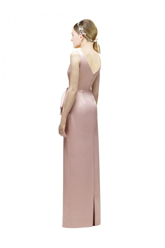 Affordable Sleeveless V-Neck Long Satin Bridesmaid Dress with Draped Bodice and Tiered Bow UK