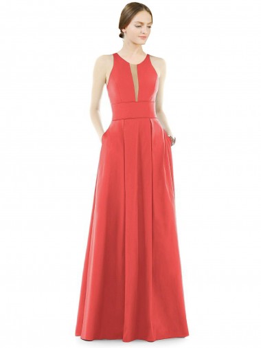 Affordable Sheer V-Neck Tulle Illusion Long Satin Bridesmaid Dress UK