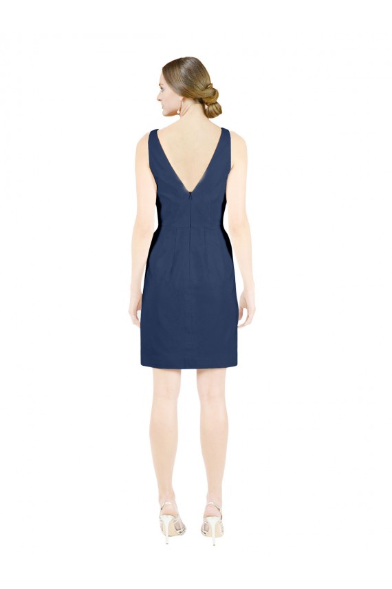 Affordable Deep V-Neck Short Knee Length Satin Bridesmaid Dress with Slimming Pleats UK