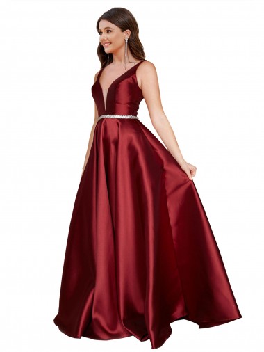 Affordable Sleeveless Deep V-Neck A-Line Satin Bridesmaid Dress with Pockets UK