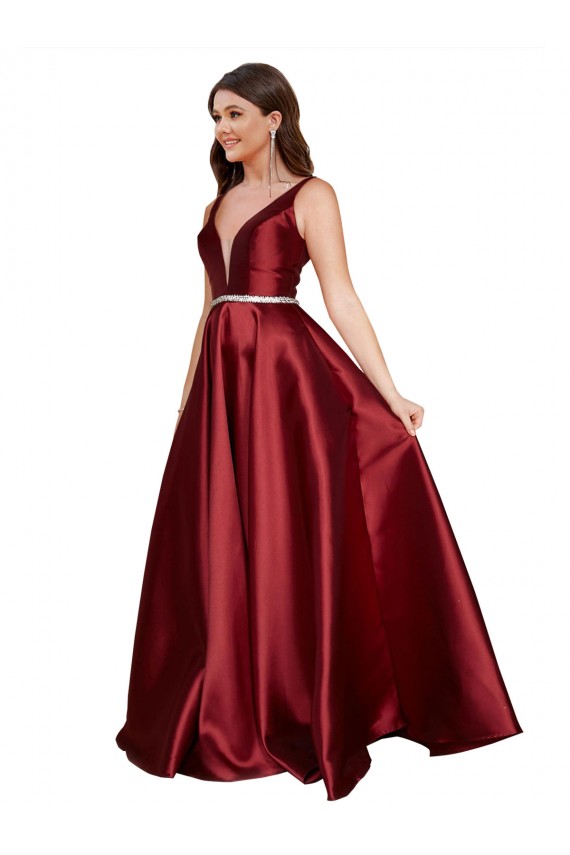 Affordable Sleeveless Deep V-Neck A-Line Satin Bridesmaid Dress with Pockets UK