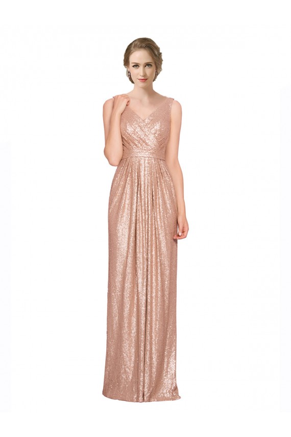 Affordable Draped V-Neck Striking Sheath Floor Length Sequin Bridesmaid Dress UK