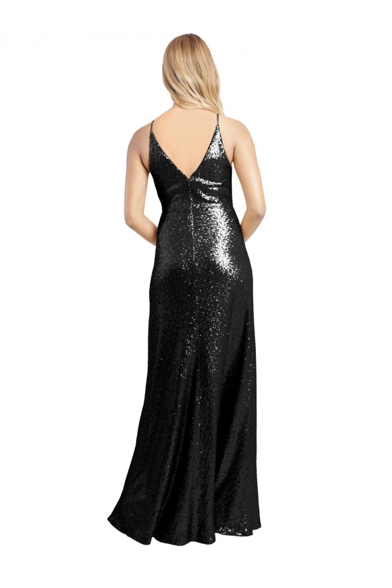 Affordable Full Length A-Line Sequin Bridesmaid Dress with Spaghetti Straps V-Neckline UK