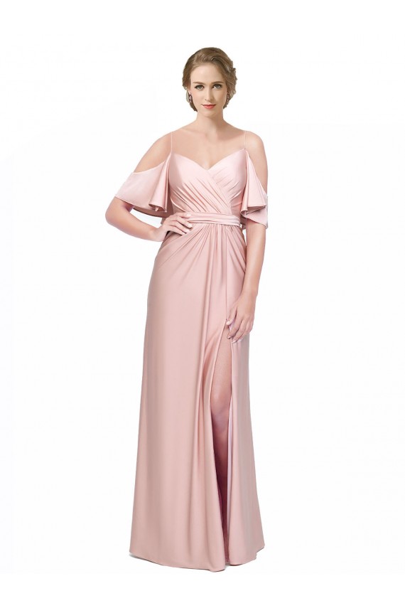 Affordable Draped Cold Shoulder Sleeves Long Silky Satin Bridesmaid Dress with Slit and Tie Back UK