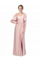 Affordable Draped Cold Shoulder Sleeves Long Silky Satin Bridesmaid Dress with Slit and Tie Back UK