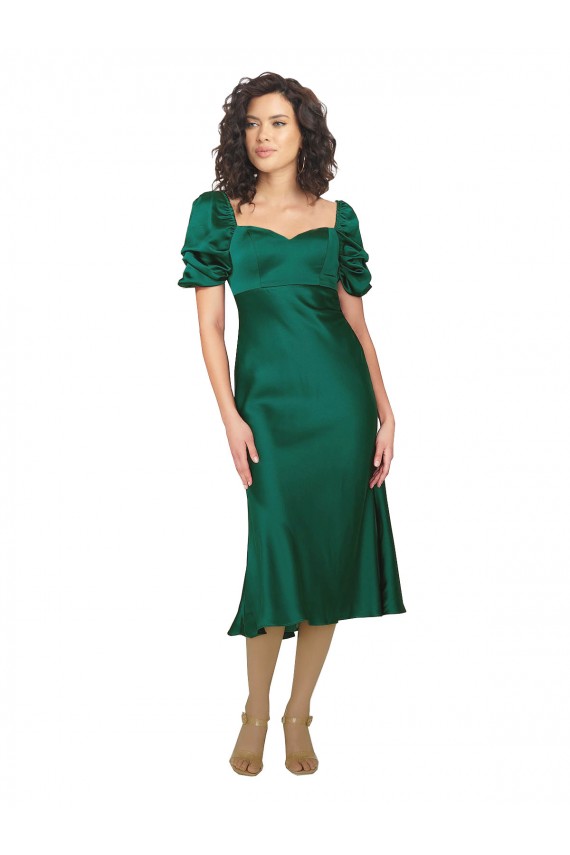 Affordable Ruched Sleeve Silky Satin Bridesmaid Dress UK