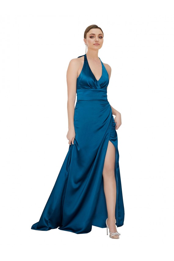 Affordable Halter Neck Silky Satin Bridesmaid Dress UK