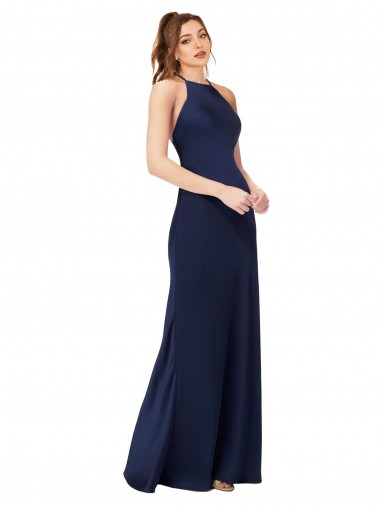 Affordable High Neck Satin Bridesmaid Dress with Strappy Back UK
