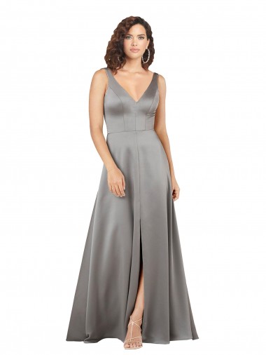 Affordable Plunging V-Neckline Long A-Line Silky Satin Bridesmaid Dress UK