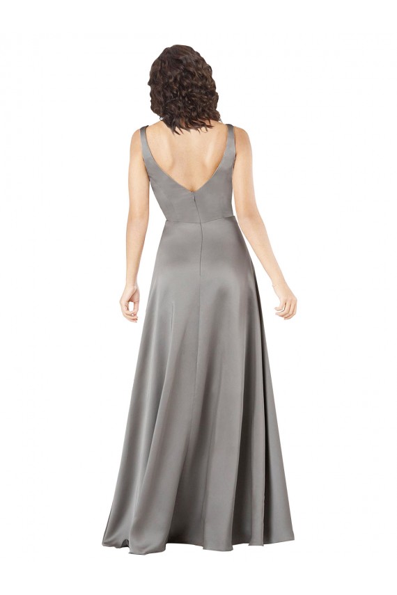 Affordable Plunging V-Neckline Long A-Line Silky Satin Bridesmaid Dress UK