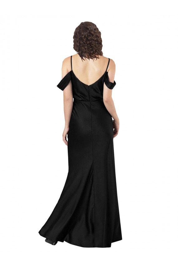 Affordable Off the Shoulder Sleeves Silky Satin Bridesmaid Dress with Skirt Slit UK