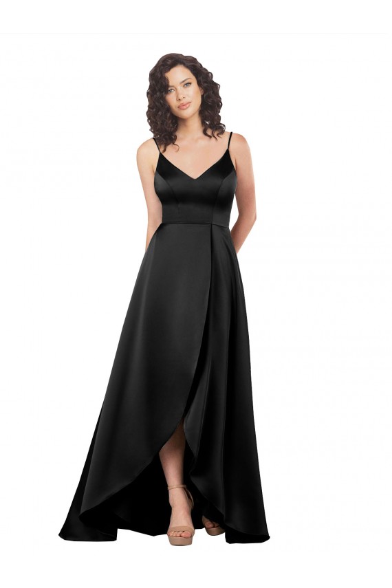 Affordable High Low V-Neckline Silky Satin Tulip Bridesmaid Dress with Wrap Skirt UK