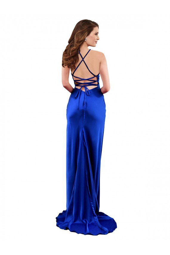 Affordable Open Back Cowl Neck Long Silky Satin Bridesmaid Dress UK
