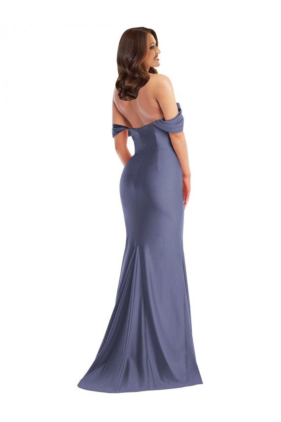 Affordable Off the Shoulder Corset Silky Satin Mermaid Bridesmaid Dress with Side Slit UK