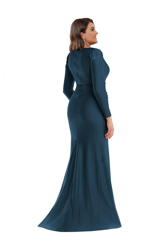 Affordable Long Sleeves Draped Wrap Silky Satin Mermaid Bridesmaid Dress with Front Slit UK