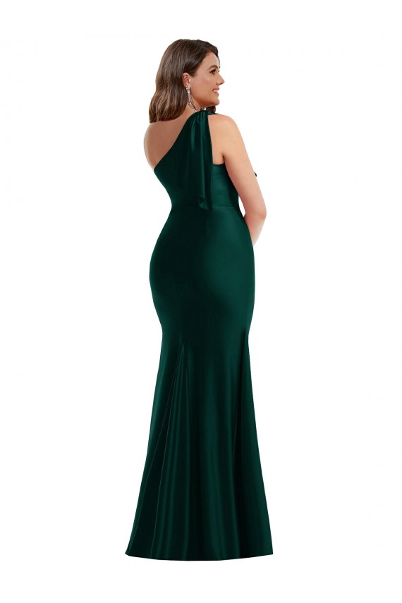 Affordable Cascading Bow One Shoulder Silky Satin Mermaid Bridesmaid Dress with Front Slit UK