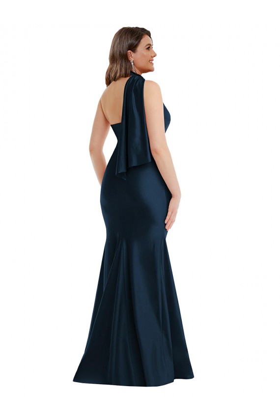 Affordable Scarf Neck One Shoulder Silky Satin Mermaid Bridesmaid Dress with Front Slit UK