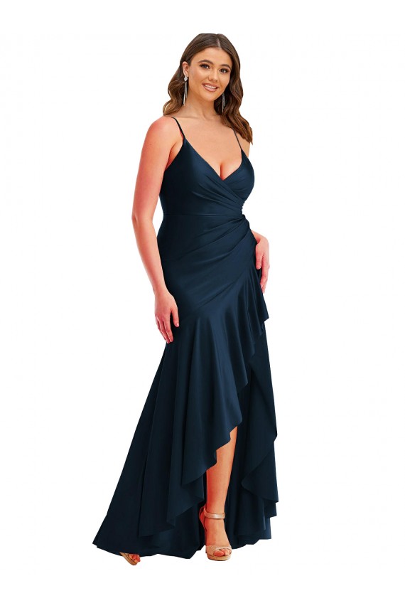 Affordable Pleated Wrap Ruffled High Low Silky Satin Bridesmaid Dress UK