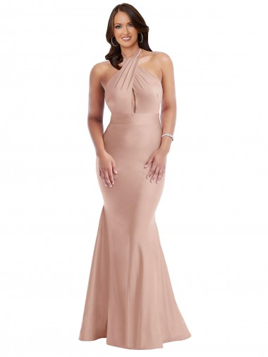 Affordable Criss Cross Halter Open Back Silky Satin Mermaid Bridesmaid Dress UK