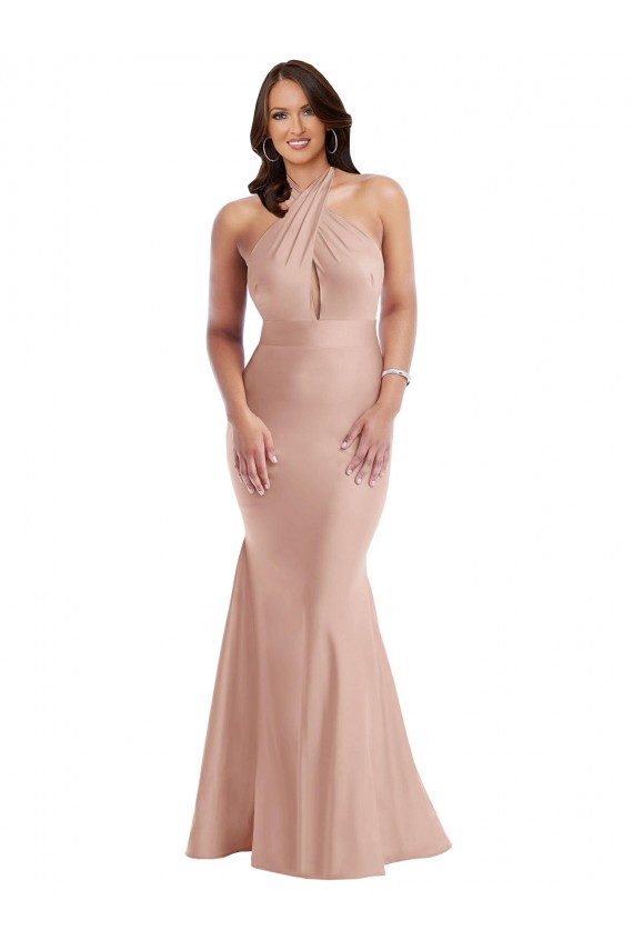 Affordable Criss Cross Halter Open Back Silky Satin Mermaid Bridesmaid Dress UK