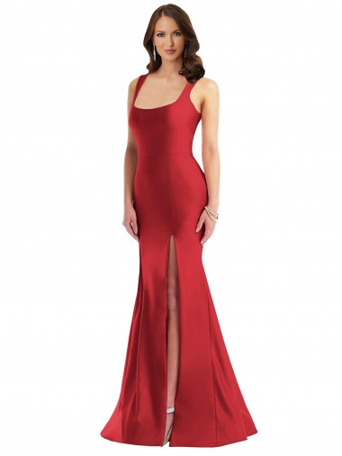 Affordable Square Neck Silky Satin Mermaid Bridesmaid Dress with Side Slit UK