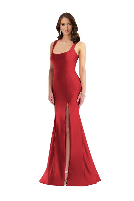 Affordable Square Neck Silky Satin Mermaid Bridesmaid Dress with Side Slit UK