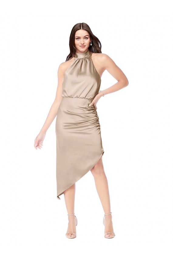 Affordable Silky Satin Bridesmaid Dress with Asymmetric Skirt UK