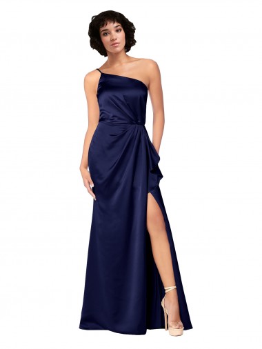 Affordable One Shoulder Silky Satin Bridesmaid Dress with Skirt Slit UK