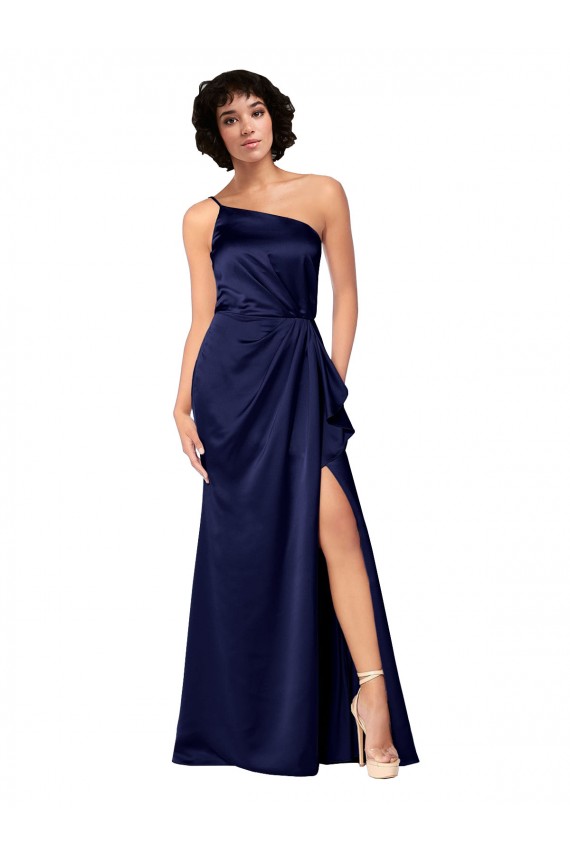 Affordable One Shoulder Silky Satin Bridesmaid Dress with Skirt Slit UK