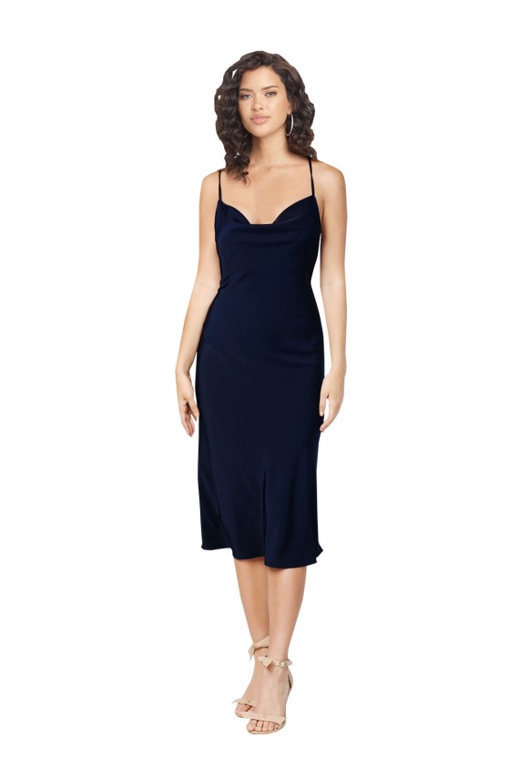 Affordable Short Midi Length Silky Satin Bridesmaid Dress with Cowl Neck and Cross Back Straps UK